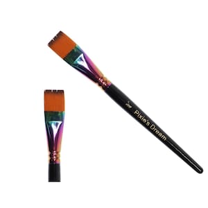 May include: Two flat paint brushes with orange bristles and iridescent metal ferrules. The black handles have the text "Pixie's Dream" printed on them. The brushes are designed for painting and art projects.