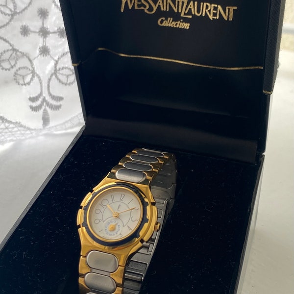YSL vintage women’s watch original box + extra link two tone rare dial and function imported from Japan 80s hexagon style bracelet gold