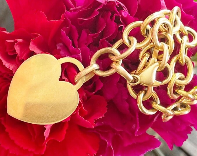 Vintage 14K Yellow Gold Chain Link Heart Charm Bracelet Etsy