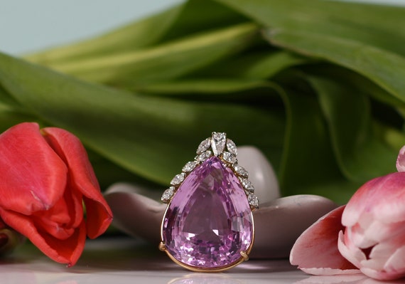 107.5CT Pear Cut Kunzite pendant with Diamond Cro… - image 1