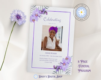 8 Page Funeral Program Template, Purple Orchid Flowers, Celebration of Life, Order Of Service, Obituary, Edit Online - No Software F-ANNIE