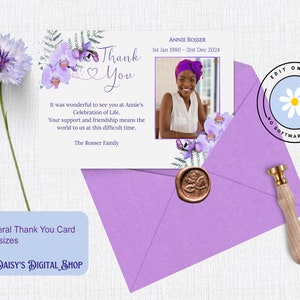 Funeral Thank You Card Template, Thankyou Notes, Celebration of Life, Purple Orchid Flowers Edit Online - No Software Needed F-ANNIE