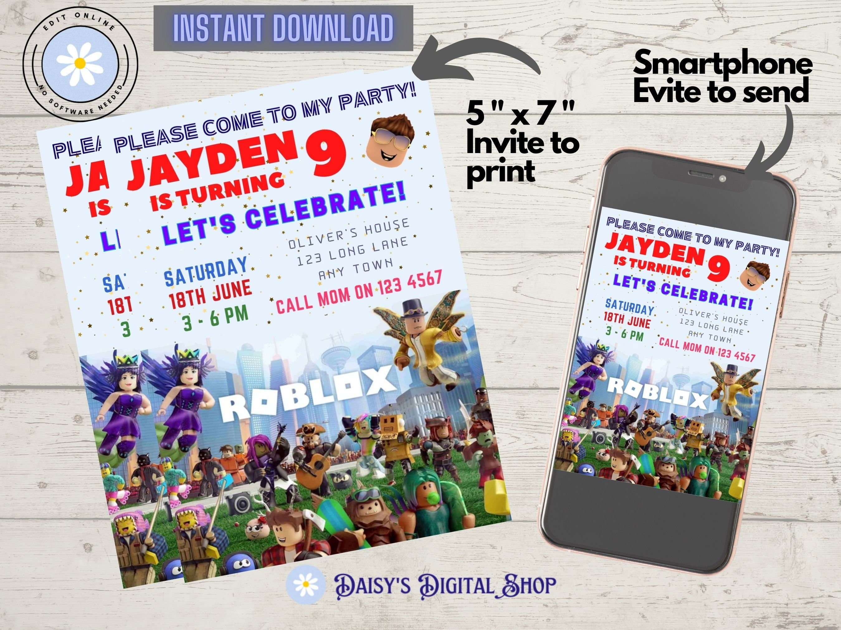 Editable Roblox Birthday Invitation Template, Printable Birthday Party ...