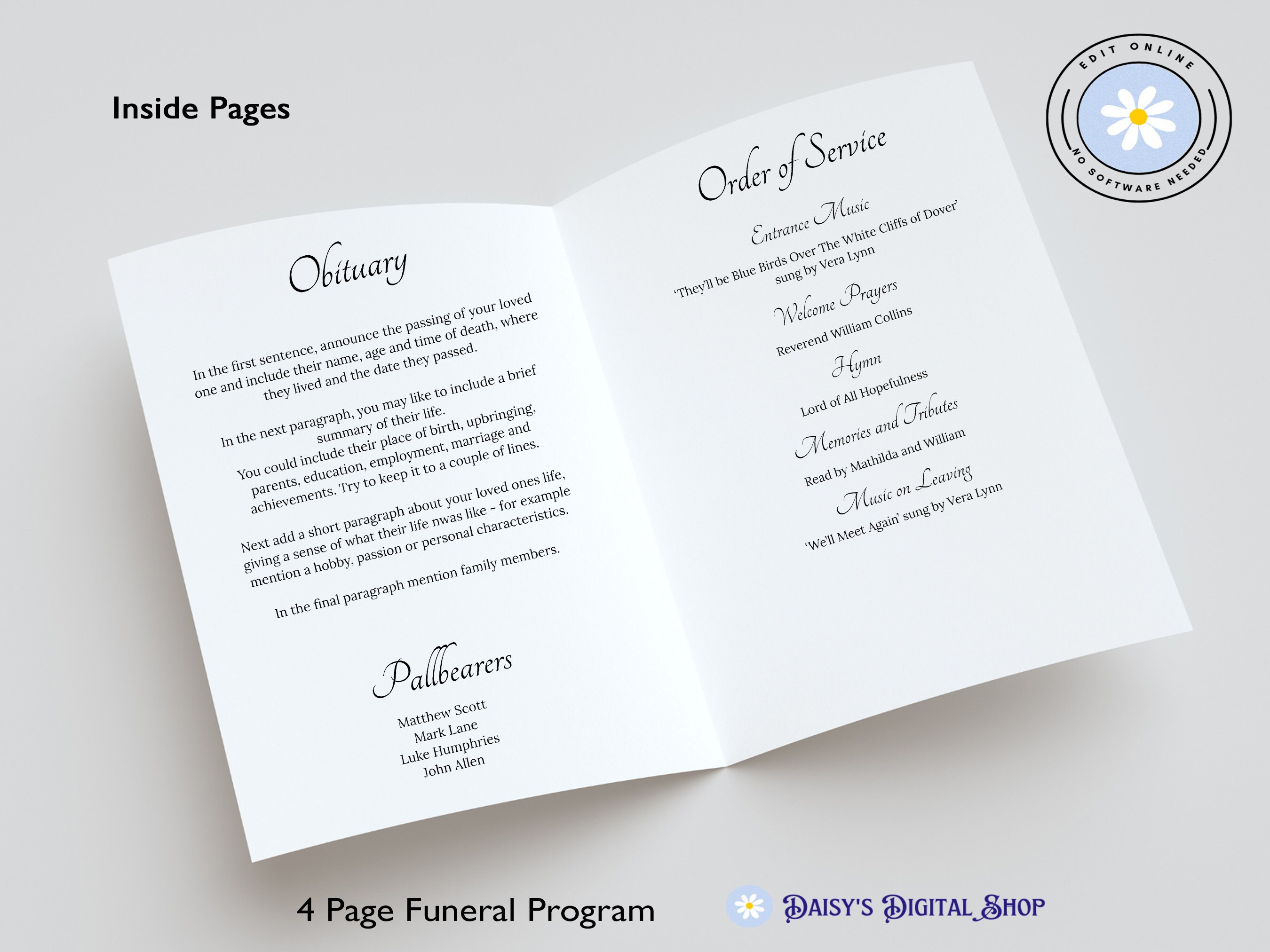 Minimalist Simple Funeral Program Template, Celebration of Life, Order ...