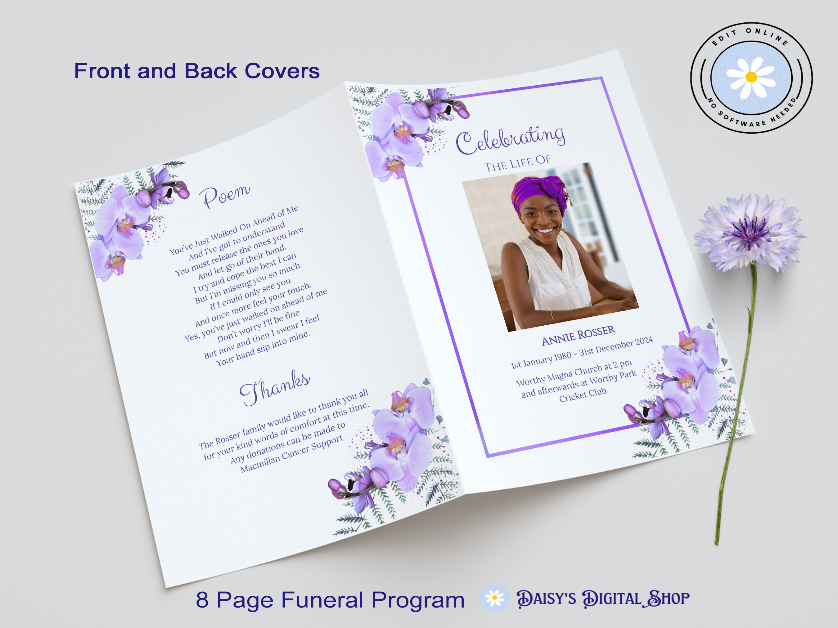 8 Page Funeral Program Template, Purple Orchid Flowers, Celebration of