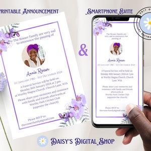 Funeral Announcement, Digital Smartphone Evite & Printed Invite, Purple Orchid Flowers Edit Online - No Software Needed F-ANNIE