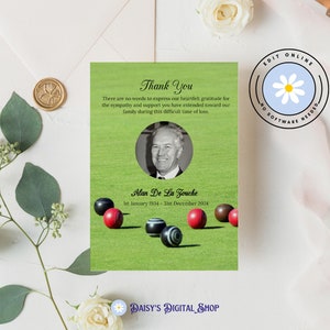 Funeral Thank You Card Template, Thankyou Notes, Celebration of Life, Lawn Bowls Bowling, Edit Online - No Software Needed F-ALAN