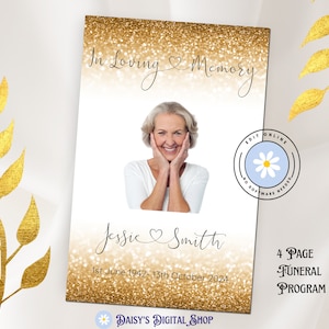 Funeral Program Template, Celebration of Life, Order Of Service, Obituary, Gold Glitter Effect Edit Online - No Software Needed F-JESSIE