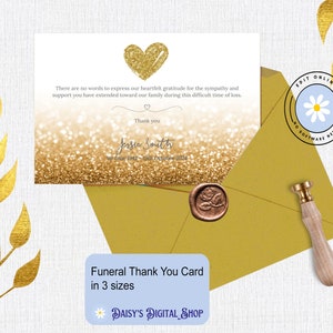 Funeral Thank You Card Template, Thankyou Notes, Celebration of Life, Gold Glitter Effect Edit Online - No Software Needed F-JESSIE
