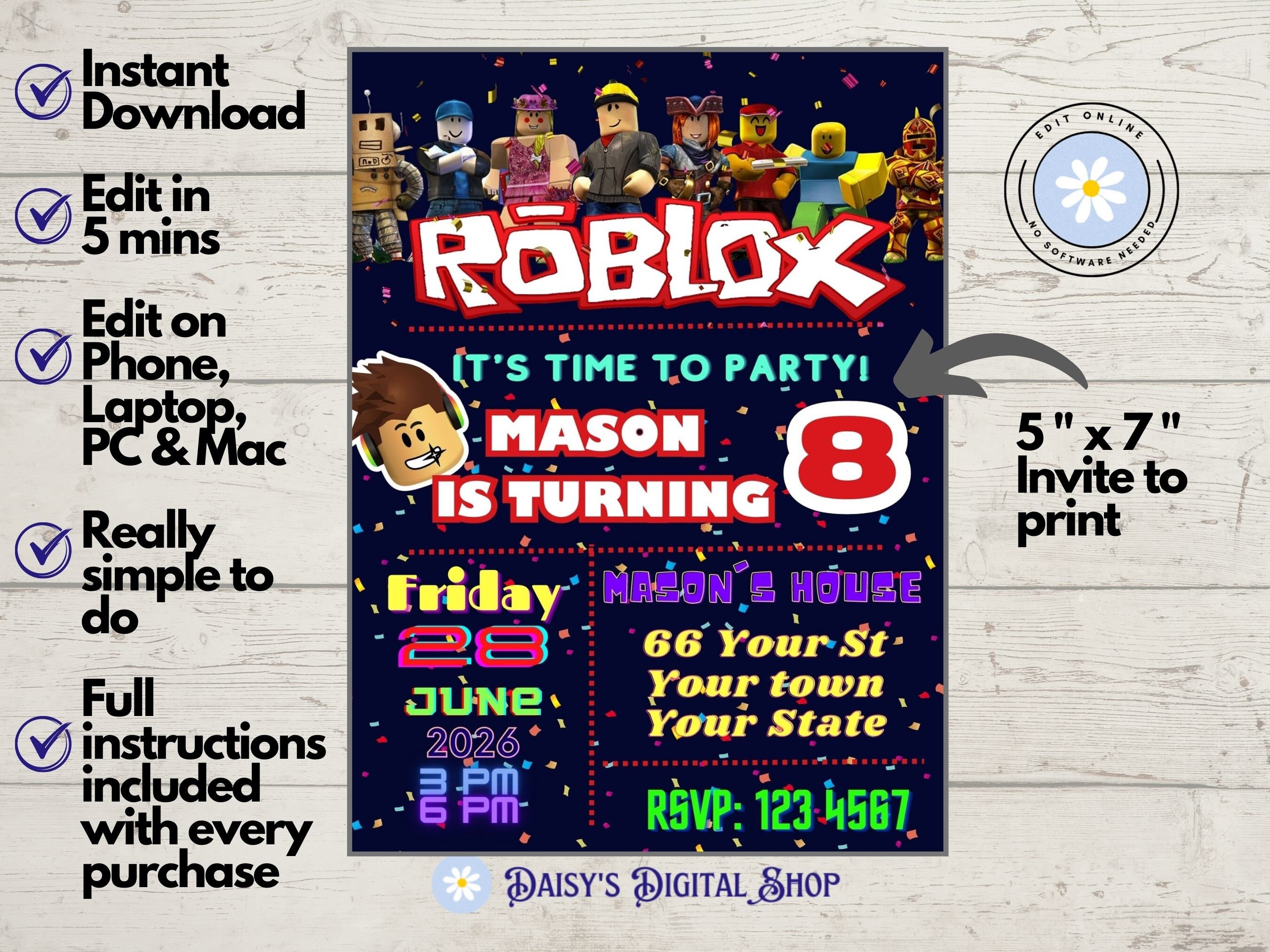 Editable Roblox Birthday Invitation Template, Printable Birthday Party ...