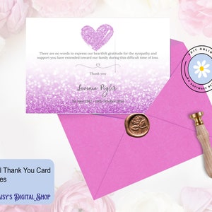Funeral Thank You Card Template, Thankyou Notes, Celebration of Life, Pink Glitter Effect Edit Online - No Software Needed F-LAVINIA