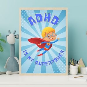 ¡El TDAH es mi superpoder! Póster, Arte de pared para el TDAH, Niño superhéroe, Dormitorio para niños, Póster de salud mental Regalo para niños, TDAH imprimible