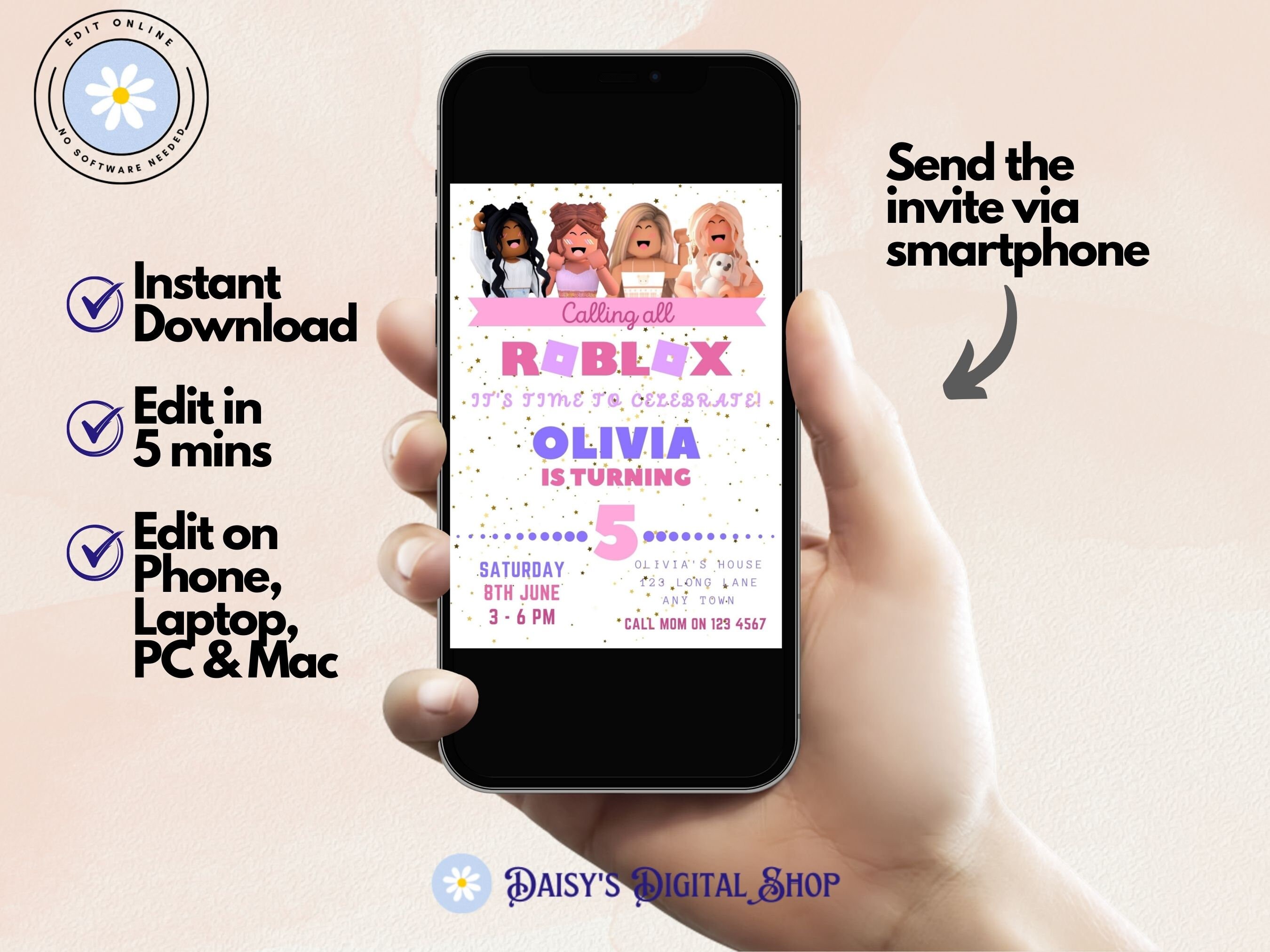 Girl Roblox Birthday Party Invitation Template, Printable Birthday ...