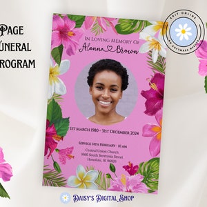 Tropical Hawaiian Flowers Funeral Program Template, Celebration of Life Order Of Service, Obituary Edit Online - No Software Needed F-LORETT