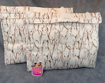 Model horse pony pockets, packed horses print, satin-lined show pouches, thickly padded, traditional 1:9 scale size, 2 pony pockets