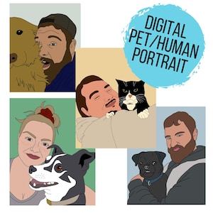 Custom digital cartoon style pet/human portrait. Pet memorial, gift for dog or cat parents, portrait of your best friend, animal lover gift,