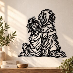 Cuadro metálico de un niño abrazando a un perro, arte de garabatos para amantes de los perros, decoración de pared para mascotas familiares