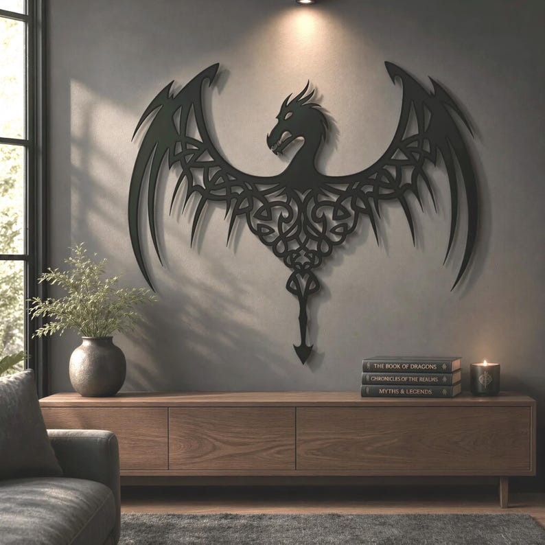 a dragon-shaped wall art piece mounted on a gray wall, with a wooden cabinet below it and a potted plant on the floor.