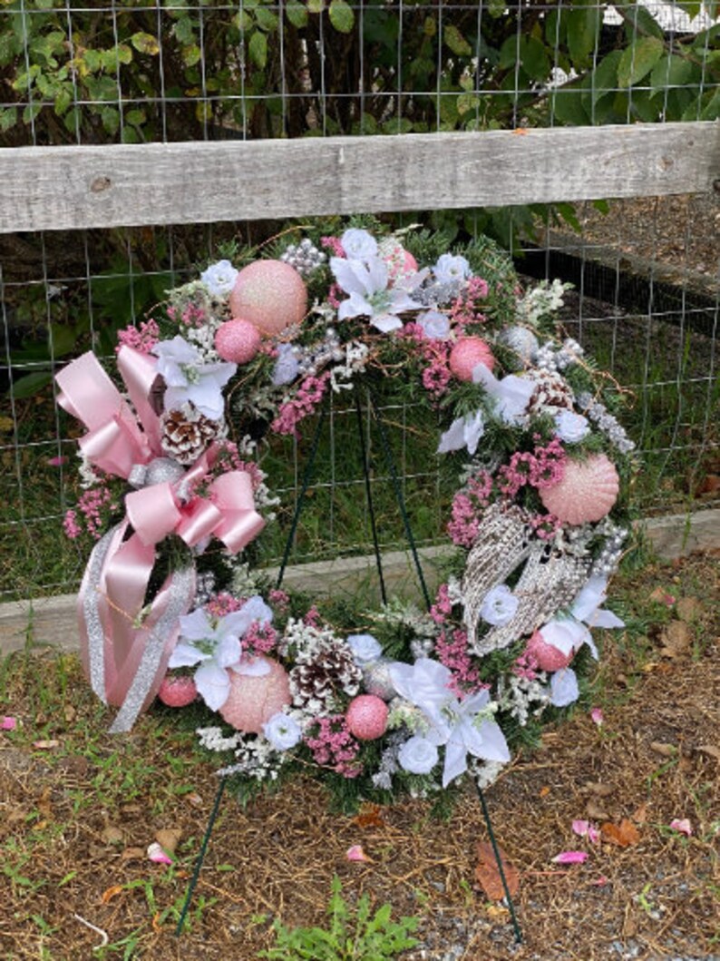 Wreath, Angel Wings, Artificial Flowers, Christmas, Memorial, Celebration of Life, Graveside