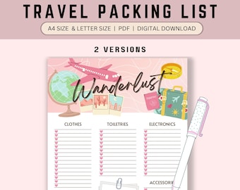 Wanderlust Travel Packing list, Organization, stationary, Personal Planner, Instant Download, Printable Planner