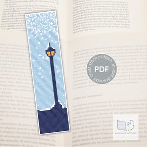 Lamp Post Cross Stitch Bookmark Pattern | Snowy Winter Light in Blue & White