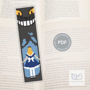 Bladwijzerpatroon Alice in Wonderland kruissteek | Sfeervol blauw vintage sprookje