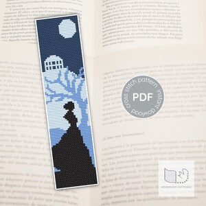 Schema per segnalibro a punto croce Jane Eyre / Motivo floreale gotico blu scuro