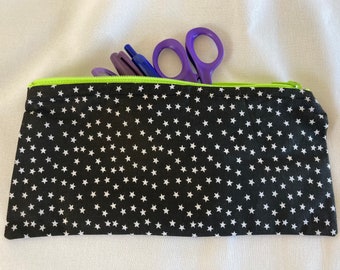 Zipper pouch, pencil case, make up case, black and white star pattern with lime green zipper, school supplies, fabric cotton pouch