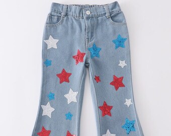 Girls Red White & Blue Sequined Star Bell Bottom Jeans