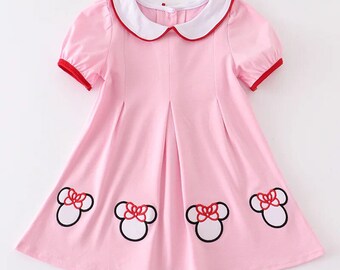 Girls Pink Mouse Embroidered Pleated Dress