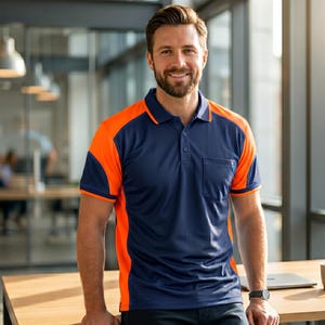 May include: A short-sleeved polo shirt featuring a navy blue main body with bright orange panels on the shoulders and sides. The shirt includes a classic collar, a three-button placket, and a single chest pocket on the left side of the garment.
