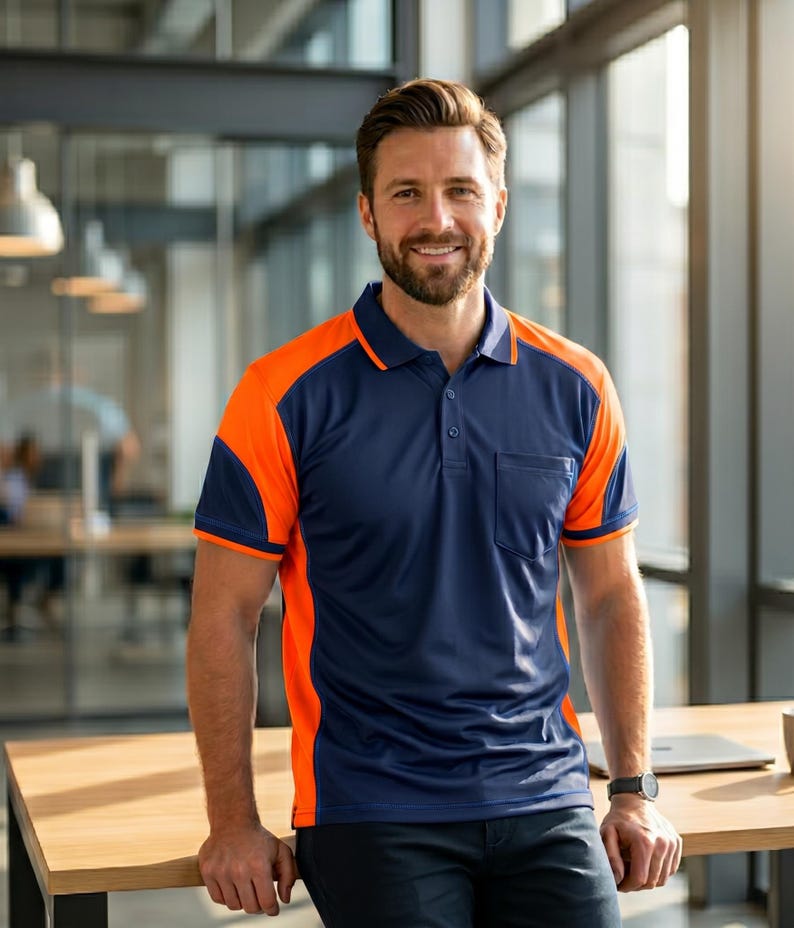 May include: A short-sleeved polo shirt featuring a navy blue main body with bright orange panels on the shoulders and sides. The shirt includes a classic collar, a three-button placket, and a single chest pocket on the left side of the garment.