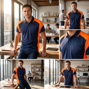 May include: A short-sleeved polo shirt featuring a dark navy blue base with vibrant orange panels on the shoulders and sides. The shirt includes a classic collar, a buttoned placket, and a single chest pocket on the left side, constructed from a smooth, athletic-style fabric.
