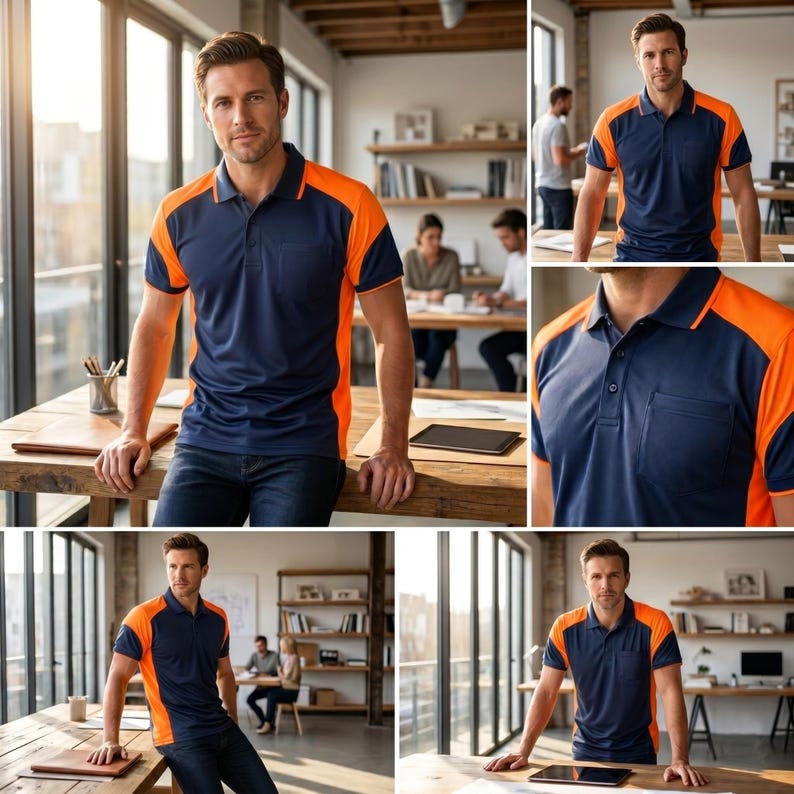 May include: A short-sleeved polo shirt featuring a dark navy blue base with vibrant orange panels on the shoulders and sides. The shirt includes a classic collar, a buttoned placket, and a single chest pocket on the left side, constructed from a smooth, athletic-style fabric.
