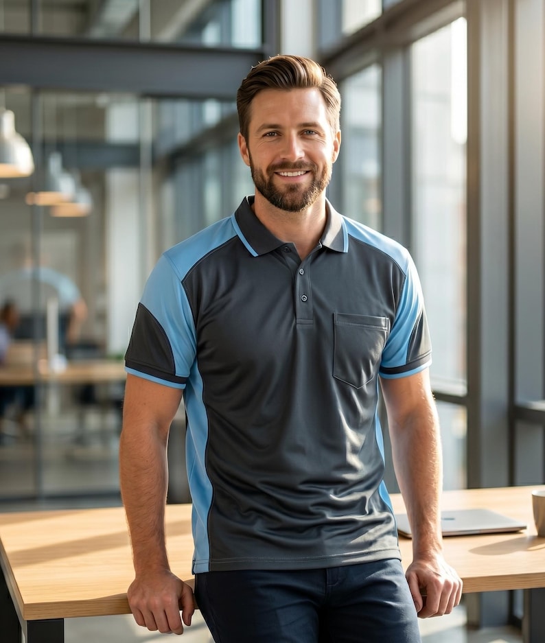 May include: A short-sleeved polo shirt featuring a dark gray center panel and light blue side panels, sleeves, and collar trim. The shirt includes a buttoned placket and a single chest pocket on the left side, constructed from a smooth fabric.