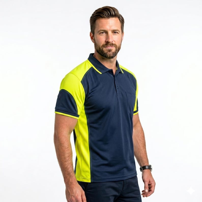 May include: A short-sleeved polo shirt featuring a dark navy blue center panel and bright neon yellow side panels. The shirt includes a classic collar, a buttoned placket, and a single chest pocket on the left side, constructed from a smooth fabric.