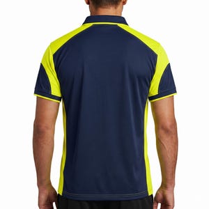 May include: A short-sleeved polo shirt featuring a dark navy blue center panel and bright neon yellow side panels. The shirt has a dark navy blue collar, raglan-style sleeves with neon yellow accents, and visible stitching along the seams.