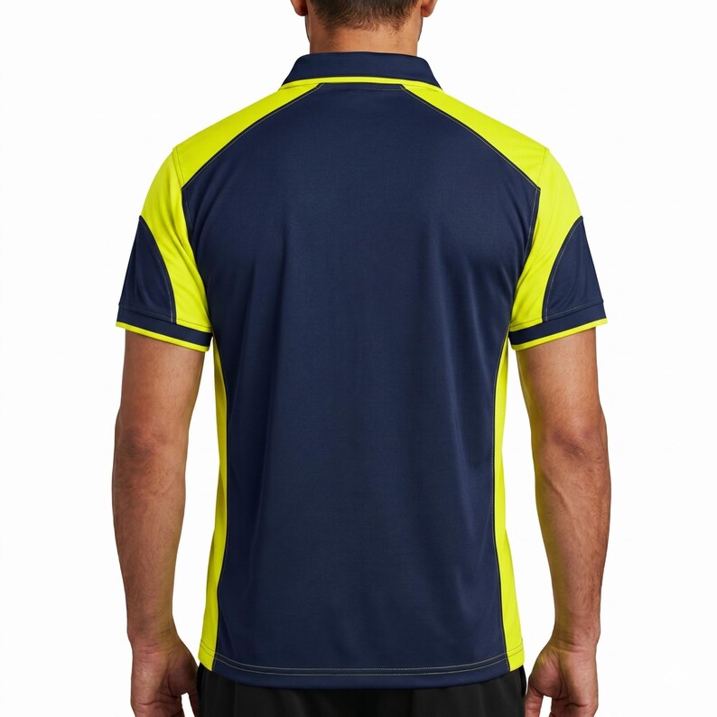 May include: A short-sleeved polo shirt featuring a dark navy blue center panel and bright neon yellow side panels. The shirt has a dark navy blue collar, raglan-style sleeves with neon yellow accents, and visible stitching along the seams.