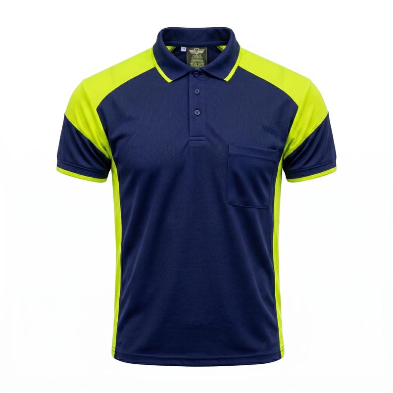 May include: A short-sleeve polo shirt featuring a dark navy blue main body with bright neon yellow panels on the shoulders and sides. The shirt includes a classic collar, a three-button placket, and a single chest pocket on the left side.