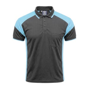 May include: A short-sleeved polo shirt featuring a dark gray central panel and light blue raglan-style sleeves. The shirt includes a collar with a three-button placket, a single chest pocket on the left side, and ribbed cuffs on the sleeves.