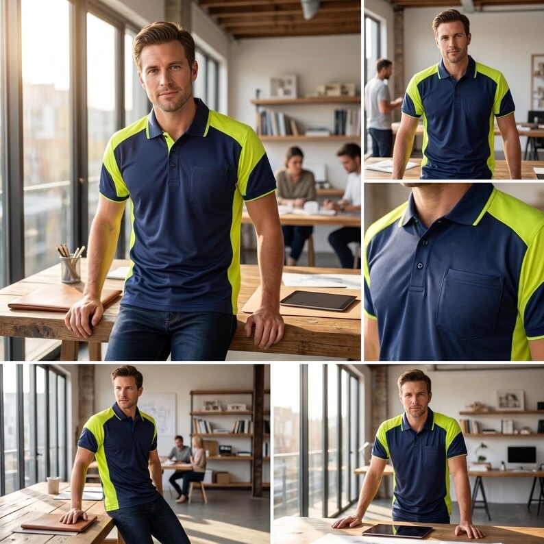 May include: A short-sleeved polo shirt featuring a dark navy blue body with bright neon yellow panels on the shoulders and sides. The shirt includes a classic collar, a three-button placket, and a single chest pocket on the left side.