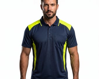 Men's Work Polo Shirt with Pocket, Hi Vis Panels, Quick Dry Fabric
