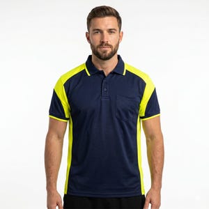 May include: A short-sleeved polo shirt featuring a dark navy blue center panel and bright neon yellow side panels, sleeves, and collar trim. The shirt includes a three-button placket and a single chest pocket on the left side of the garment.