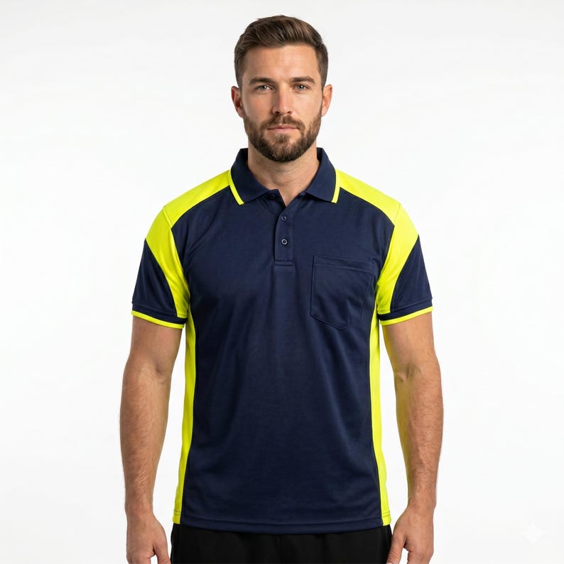 May include: A short-sleeved polo shirt featuring a dark navy blue center panel and bright neon yellow side panels, sleeves, and collar trim. The shirt includes a three-button placket and a single chest pocket on the left side of the garment.