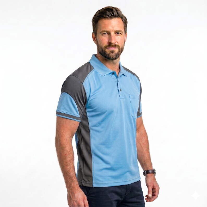 May include: A short-sleeved polo shirt featuring a light blue main body with dark gray side panels and shoulder accents. The shirt includes a classic collar, a buttoned placket, and a single chest pocket on the left side, paired with dark trousers.