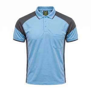 May include: A light blue polo shirt with dark gray panels on the shoulders and sides. The shirt features a classic collar, a three-button placket, short sleeves with dark gray trim, and a single chest pocket on the left side. The size L tag is visible.