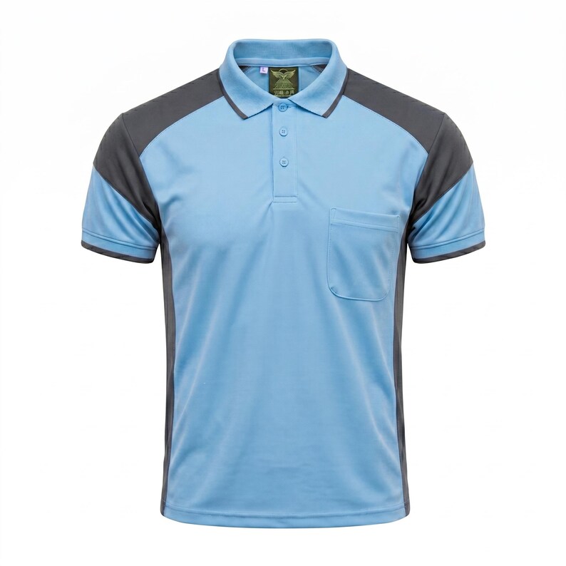 May include: A light blue polo shirt with dark gray panels on the shoulders and sides. The shirt features a classic collar, a three-button placket, short sleeves with dark gray trim, and a single chest pocket on the left side. The size L tag is visible.