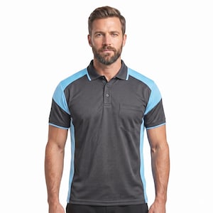 May include: A short-sleeved polo shirt featuring a dark charcoal gray main body with contrasting light blue panels along the shoulders and sides. The shirt includes a classic collar, a three-button placket, and a single chest pocket on the left side.