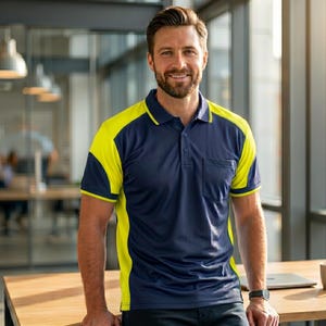 May include: A short-sleeved polo shirt featuring a dark navy blue main body with bright neon yellow panels on the shoulders and sides. The shirt includes a classic collar, a buttoned placket, and a single chest pocket on the left side.