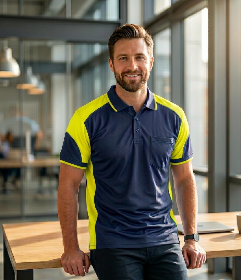 May include: A short-sleeved polo shirt featuring a dark navy blue main body with bright neon yellow panels on the shoulders and sides. The shirt includes a classic collar, a buttoned placket, and a single chest pocket on the left side.
